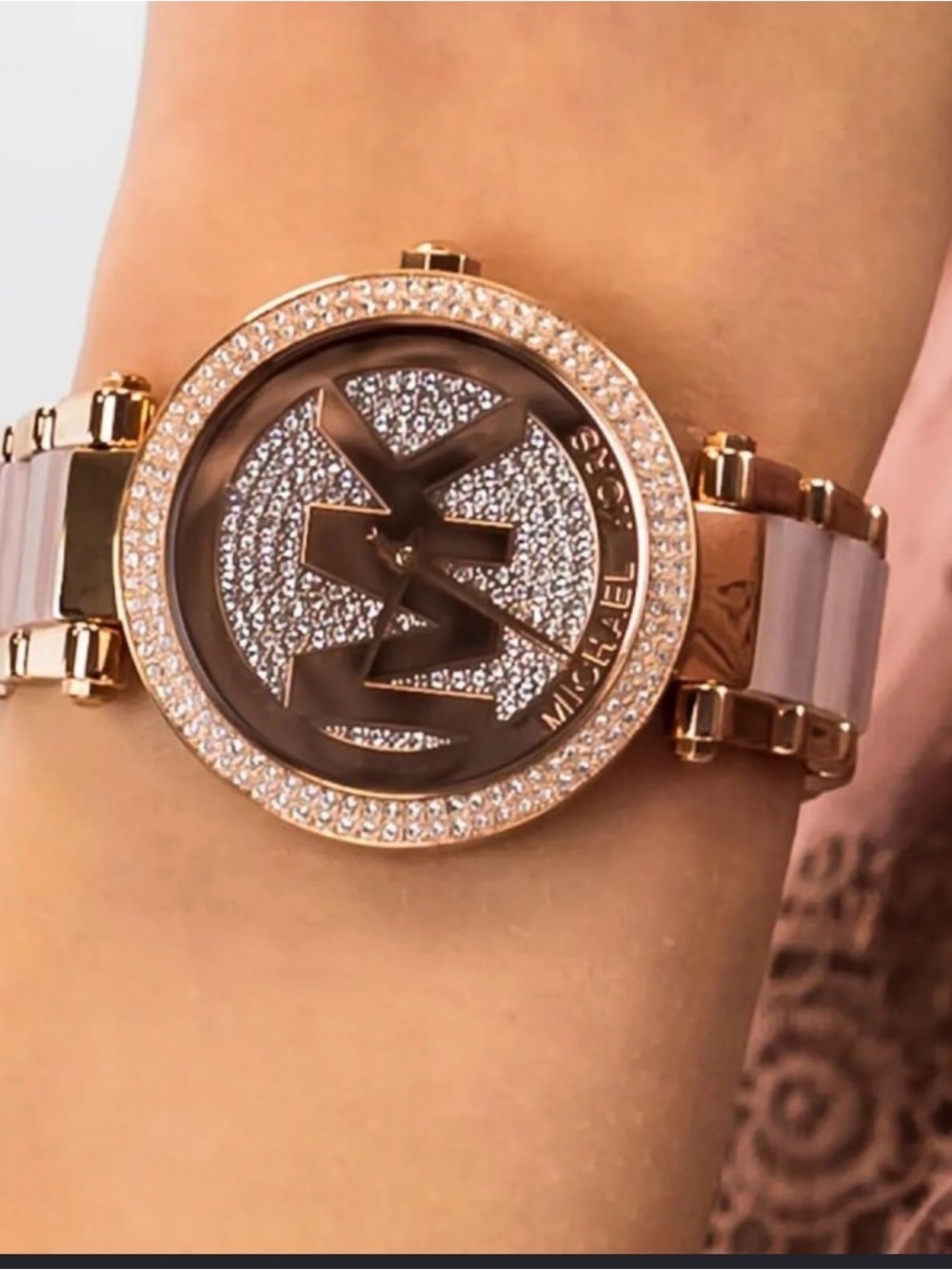 Michael Kors Rose Gold and Blush Crystal Logo Bracelet Watch